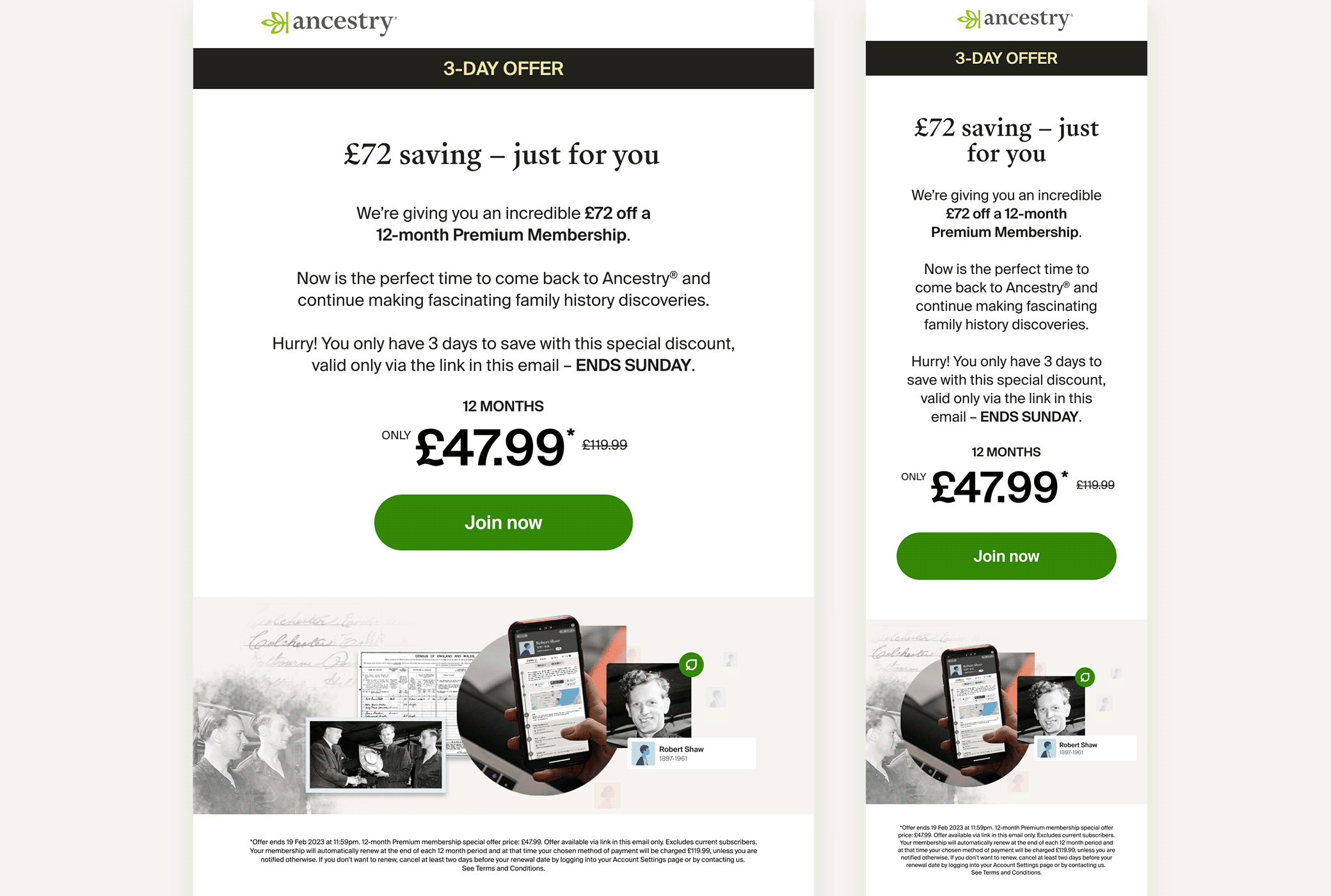 Ancestry CRM email campaigns designs by Jade Smith